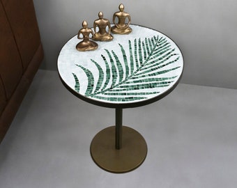 Table d’appoint ronde en mosaïque de verre, table d’extrémité avec motif de feuilles, table basse, décoration intérieure moderne, cadeau de famille.