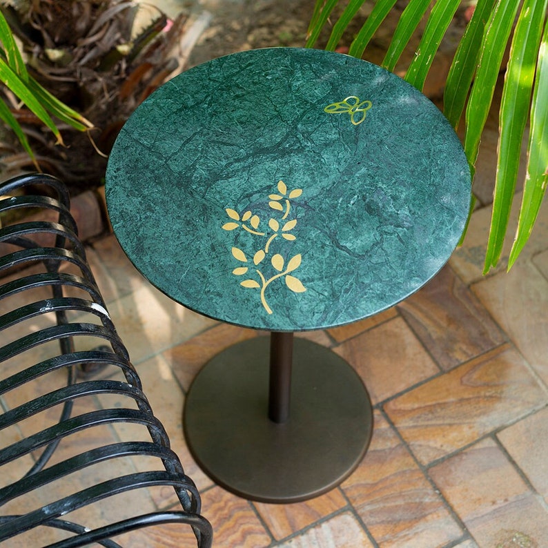 Green Marble and Brass Inlay Accent Table, Drink Table, End Table, Unique Home Decor Gift image 2