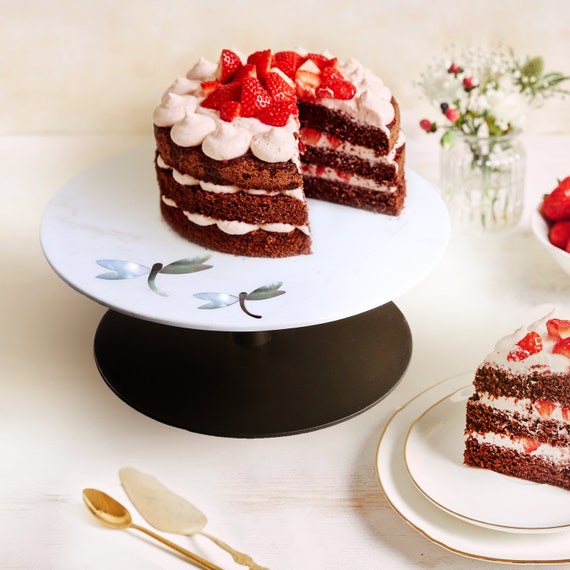 White Cake Stand With Mother of Pearl Inlay Round Dessert