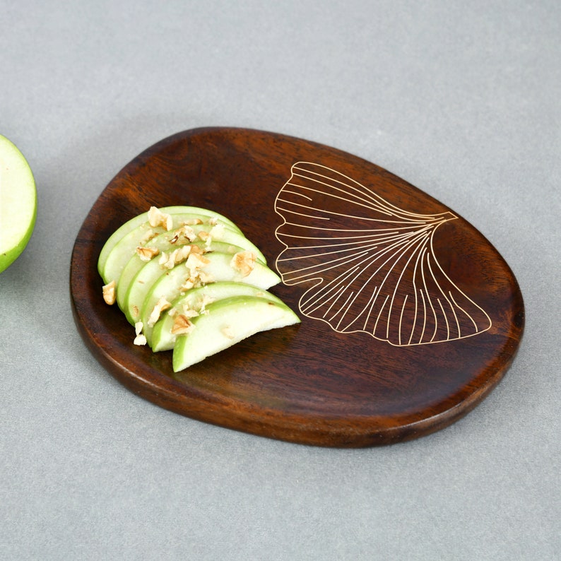 Wooden Serving Plate, Small Wood and Brass Serving Platter, Dinnerware, Trinket Tray, Couple Gift. image 1