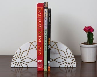 White Marble Bookend with Brass Inlay, Set of 2 Modern Brass Bookends, Bookworm Gift.