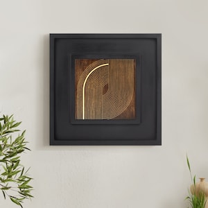 Geometrische Wave's hout en messing wanddecoratie, set van 3 houten muurkunst voor de muur in de woonkamer, cadeau voor vriend. afbeelding 2