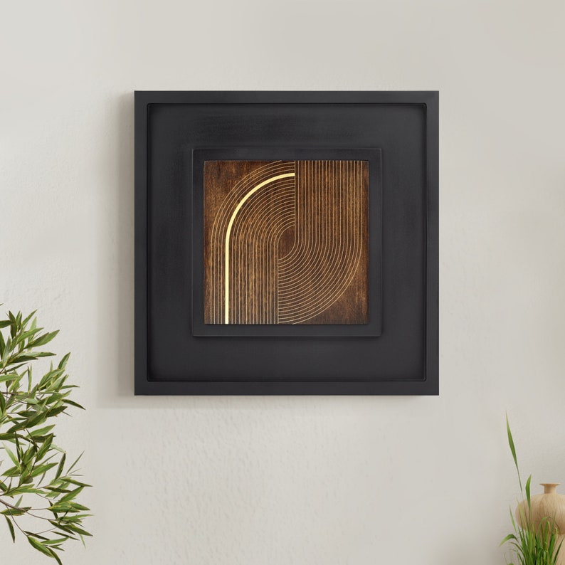 Geometrische Wave's hout en messing wanddecoratie, set van 3 houten muurkunst voor de muur in de woonkamer, cadeau voor vriend. afbeelding 2