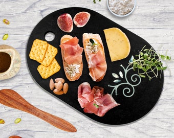 Black Limestone Serveware Charcuterie Board with Abalone Shell Inlay, Housewarming Gift.