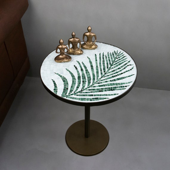 Glass Mosaic Round Side Table End Table With Leaf Pattern Etsy