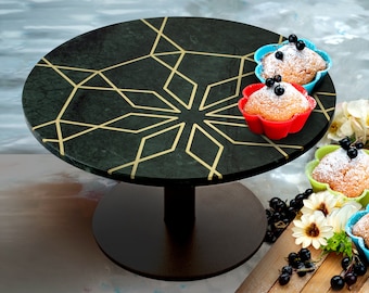 Green Marble Cake Stand with Geometric Brass Inlay, Cup Cake Stand, Gift for Mother.