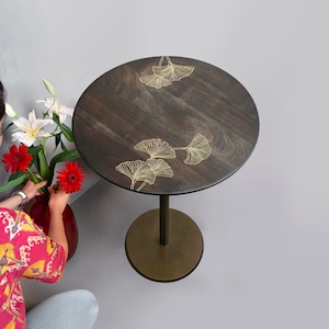 Natural Black Wood and Brass Accent Table with Tarkashi Craft, Round Coffee Table, New Home Gift for Easter image 1