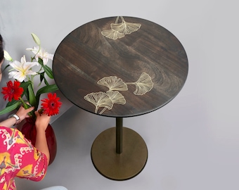 Natural Black Wood and Brass Accent Table with Tarkashi Craft, Round Coffee Table, New Home Gift for Easter