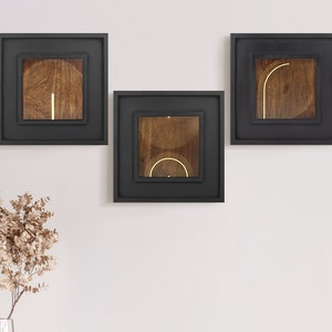Geometrische Wave's hout en messing wanddecoratie, set van 3 houten muurkunst voor de muur in de woonkamer, cadeau voor vriend. afbeelding 1