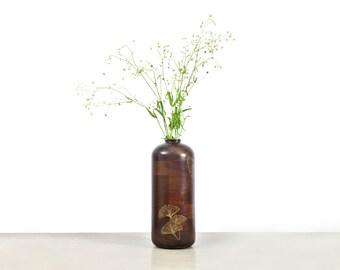 Acacia Wood Flower Large Vase, Wooden Vase with Brass Detailing, Midcentury Modern Vase, Unique Housewarming Gift.