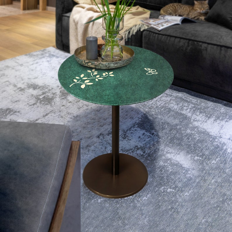 Green Marble and Brass Inlay Accent Table, Drink Table, End Table, Unique Home Decor Gift image 1