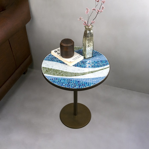 Handmade Blue Glass Mosaic Unique Round Table For Living Room Decor | Modern Side Table | Unique Gift