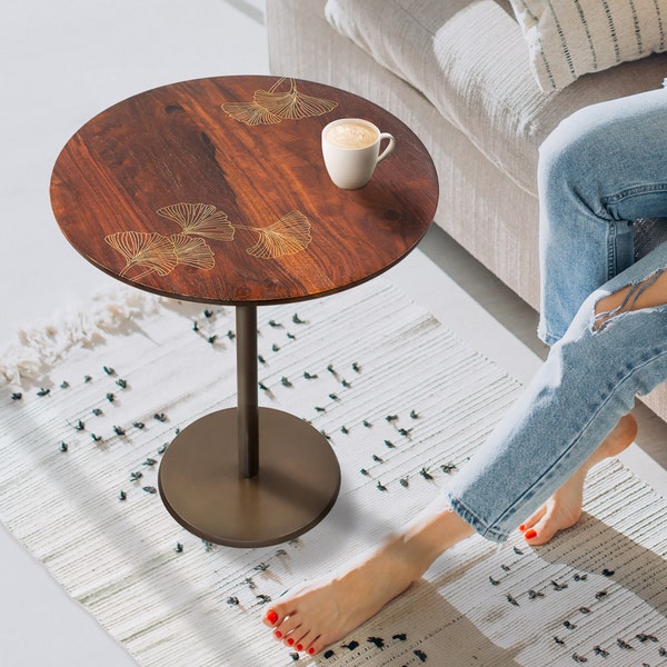 Wooden Coffee Table with Brass Inlay, Acacia Wood Round Table, Side Table, Housewarming Gift.