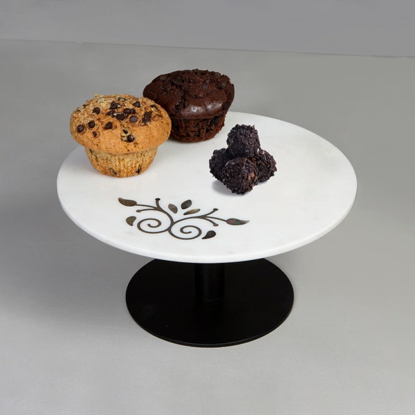 Round Pastry Stand, White Marble Cake Stand with Mother of Pearl Inlay, Cup Cake Stand, Valentine Gift.