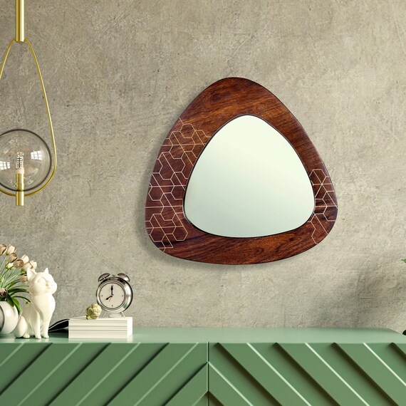 Decorative Wooden Mirror Geometric Wall Mirror Acacia Wood Etsy