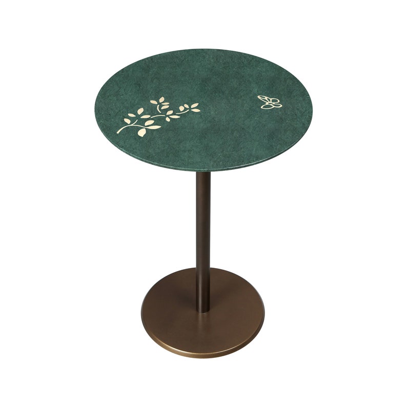 Green Marble and Brass Inlay Accent Table, Drink Table, End Table, Unique Home Decor Gift image 3