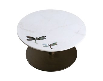 Handmade White Marble Cake Stand with Mother of Pearl Inlay - Round Dessert Stand - Gift for Friend