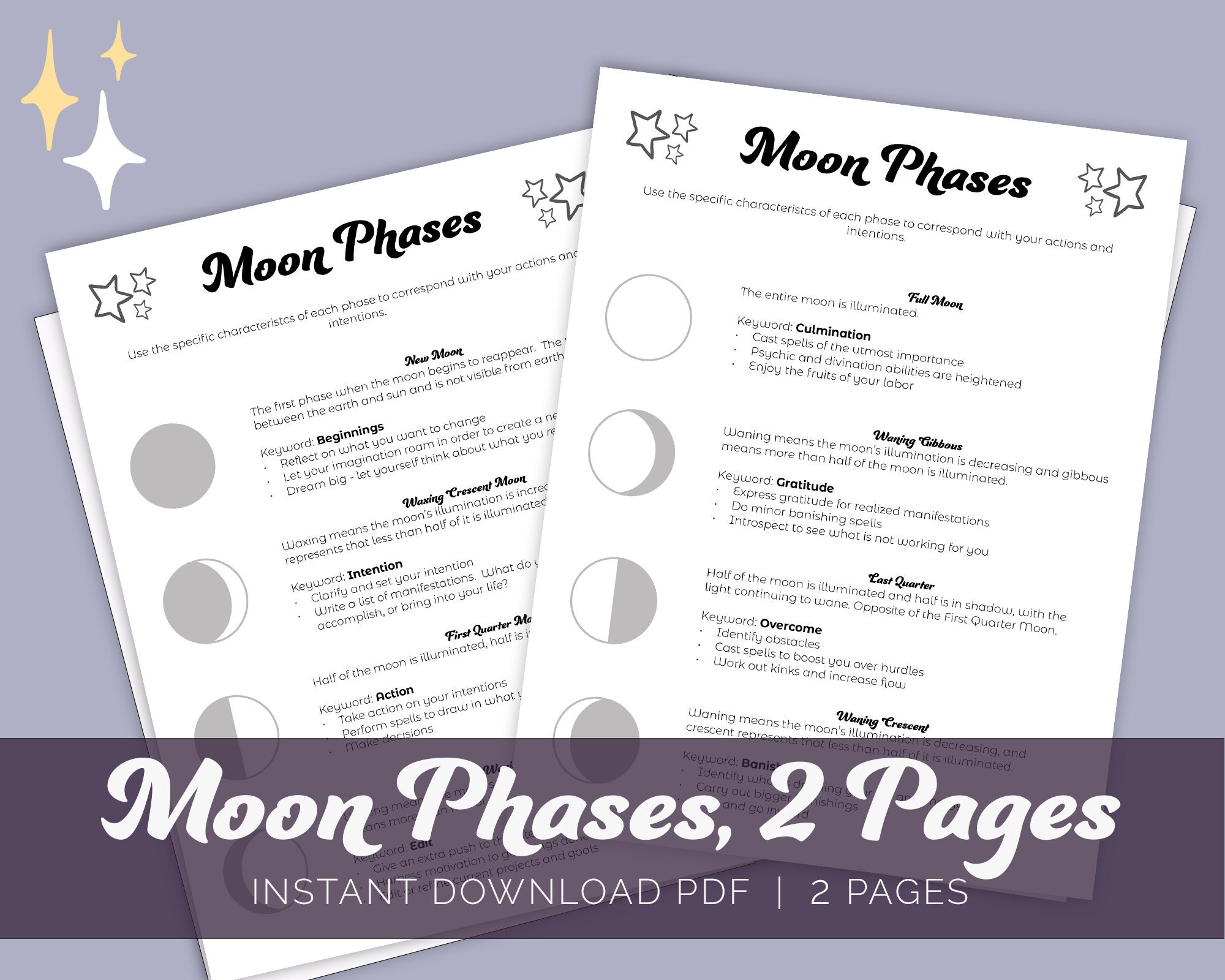 Moon Phases 2 Pages, Moon Phases Printable Pages, Lunar Phases, Moon ...