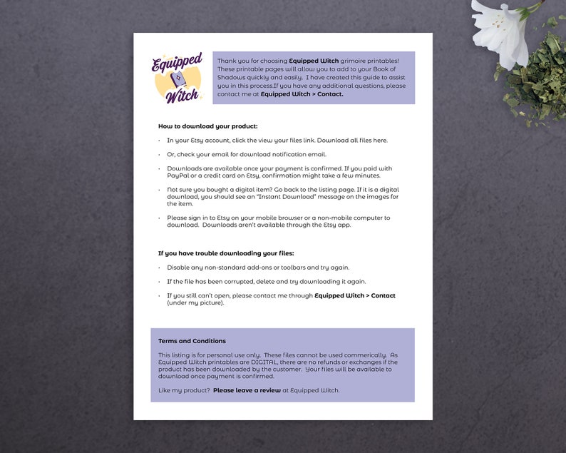 Pode incluir: Uma folha de papel branca com texto preto que explica como baixar um produto digital do Etsy. O texto inclui instru&ccedil;&otilde;es sobre como baixar o produto, como verificar a confirma&ccedil;&atilde;o do download e o que fazer se voc&ecirc; tiver problemas para baixar o produto. O texto tamb&eacute;m inclui os termos e condi&ccedil;&otilde;es do produto.