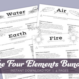 The Four Elements Bundle, Four Elements Printable Pages, Elements Cheat Sheets, Grimoire Printable, Book of Shadows, Witch Printable