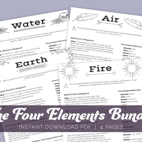 The Four Elements Bundle, Four Elements Printable Pages, Elements Cheat Sheets, Grimoire Printable, Book of Shadows, Witch Printable