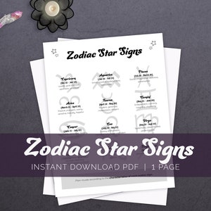 Zodiac Star Signs Printable Page, Astrology Page, Witchcraft Basics, Grimoire Printable, Book of Shadows, Witch Printable, Beginner Witch