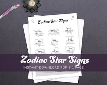 Zodiac Star Signs Printable Page, Astrology Page, Witchcraft Basics, Grimoire Printable, Book of Shadows, Witch Printable, Beginner Witch