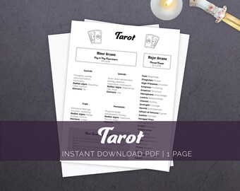 May include: A black and white printable tarot card guide with the title "Tarot" in a stylized font. The guide includes a list of the Major Arcana and Minor Arcana cards, along with their corresponding zodiac signs and elements. The text "INSTANT DOWNLOAD PDF | 1 PAGE" is at the bottom of the page.