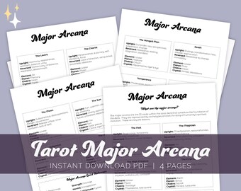 May include: A printable tarot card reference guide with the title "Tarot Major Arcana" and the text "Instant Download PDF | 4 Pages". The guide features a black and white design with the names of the major arcana cards and their meanings.