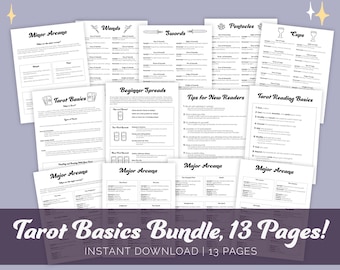 May include: A printable tarot basics bundle with 13 pages. The bundle includes information on the minor arcana, major arcana, beginner spreads, tips for new readers, and tarot reading basics. The pages are black and white with a simple design.
