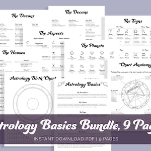 Pode incluir: Um pacote de astrologia básica imprimível em preto e branco com nove páginas. O pacote inclui uma anatomia do gráfico, os planetas, os signos, as casas, os decanos e os aspectos. O pacote também inclui um mapa natal de astrologia em branco.