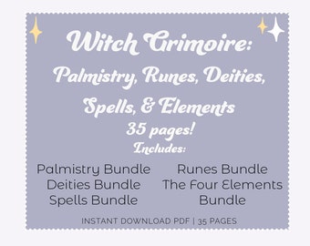 Puede incluir: Una descarga digital púrpura y blanca para un grimorio de bruja con el texto "Witch Grimoire: Palmistry, Runes, Deities, Spells, & Elements 35 pages! Includes: Palmistry Bundle, Deities Bundle, Spells Bundle, Runes Bundle, The Four Elements Bundle, INSTANT DOWNLOAD PDF | 35 PAGES".