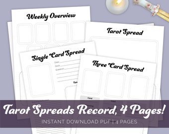May include: Printable tarot spread record sheets with four pages. The pages include a weekly overview, single card spread, three card spread, and tarot spread.