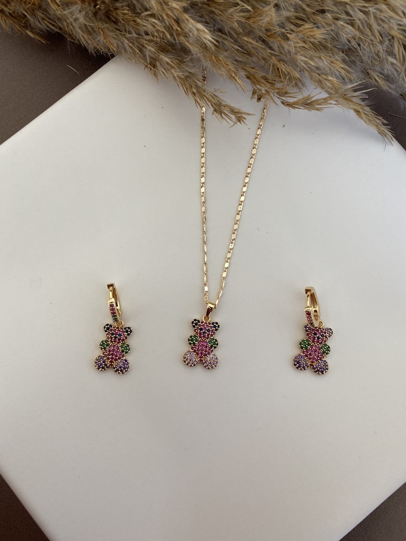 Colorful Gold Silver Zircon Candy Bear Earrings Necklace Set Silver Gummy Bear Necklace Jewelry Set Dainty Gold Plated Hoop Earrings