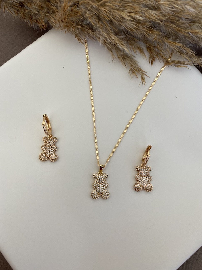 Colorful Gold Silver Zircon Candy Bear Earrings Necklace Set Silver Gummy Bear Necklace Jewelry Set Dainty Gold Plated Hoop Earrings