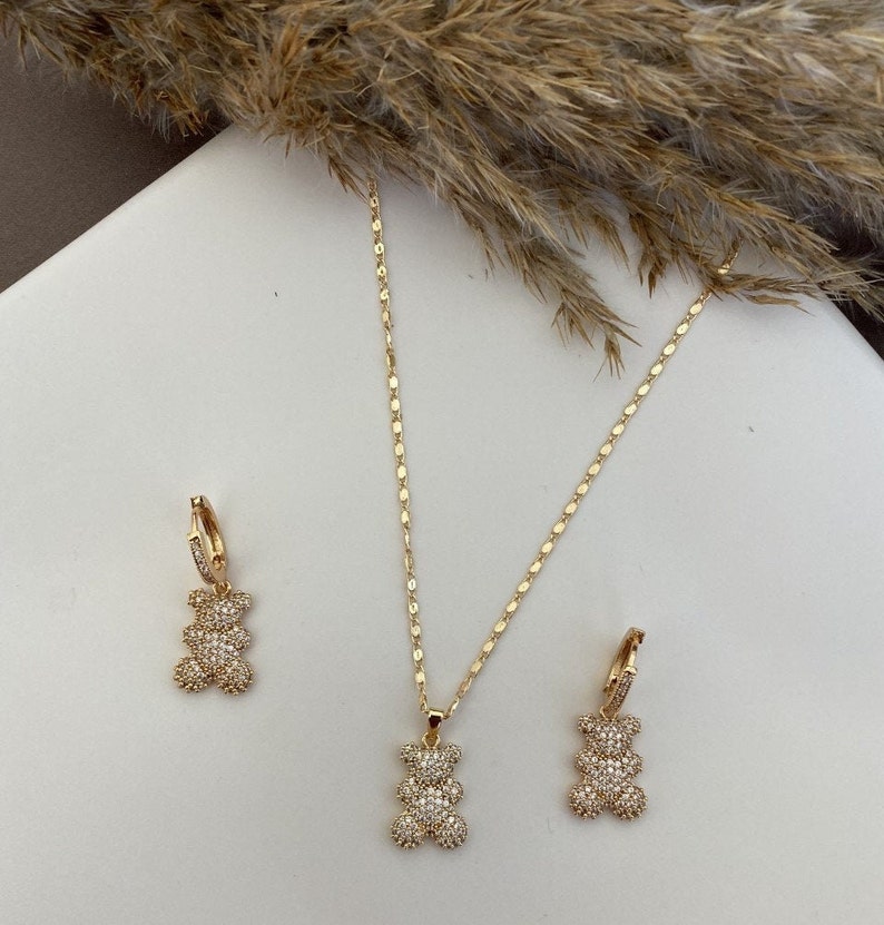 Colorful Gold Silver Zircon Candy Bear Earrings Necklace Set Silver Gummy Bear Necklace Jewelry Set Dainty Gold Plated Hoop Earrings