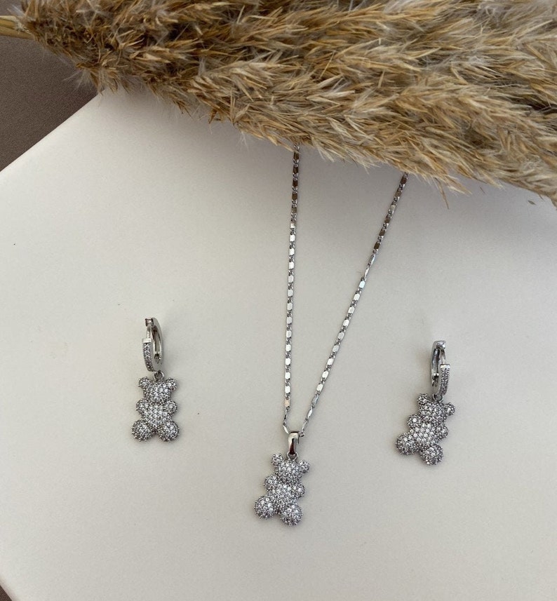 Colorful Gold Silver Zircon Candy Bear Earrings Necklace Set Silver Gummy Bear Necklace Jewelry Set Dainty Gold Plated Hoop Earrings