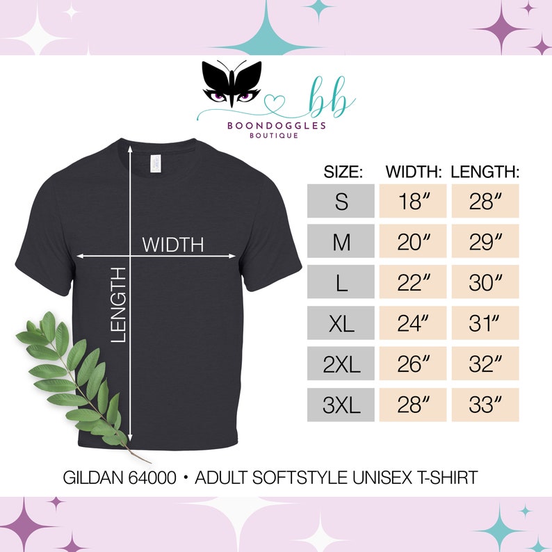 May include: A black unisex t-shirt with size chart showing width and length measurements in inches. The chart includes sizes S, M, L, XL, 2XL, and 3XL. The text "GILDAN 64000 ADULT SOFTSTYLE UNISEX T-SHIRT" is at the bottom of the image.