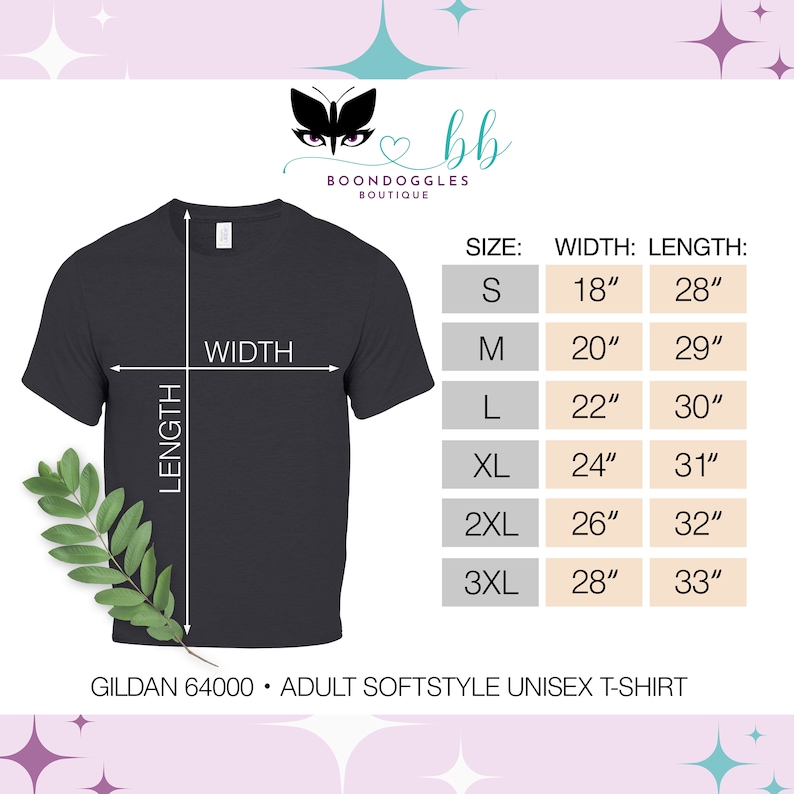 May include: A black unisex t-shirt with size chart showing width and length measurements in inches. The chart includes sizes S, M, L, XL, 2XL, and 3XL. The text "GILDAN 64000 ADULT SOFTSTYLE UNISEX T-SHIRT" is at the bottom of the image.
