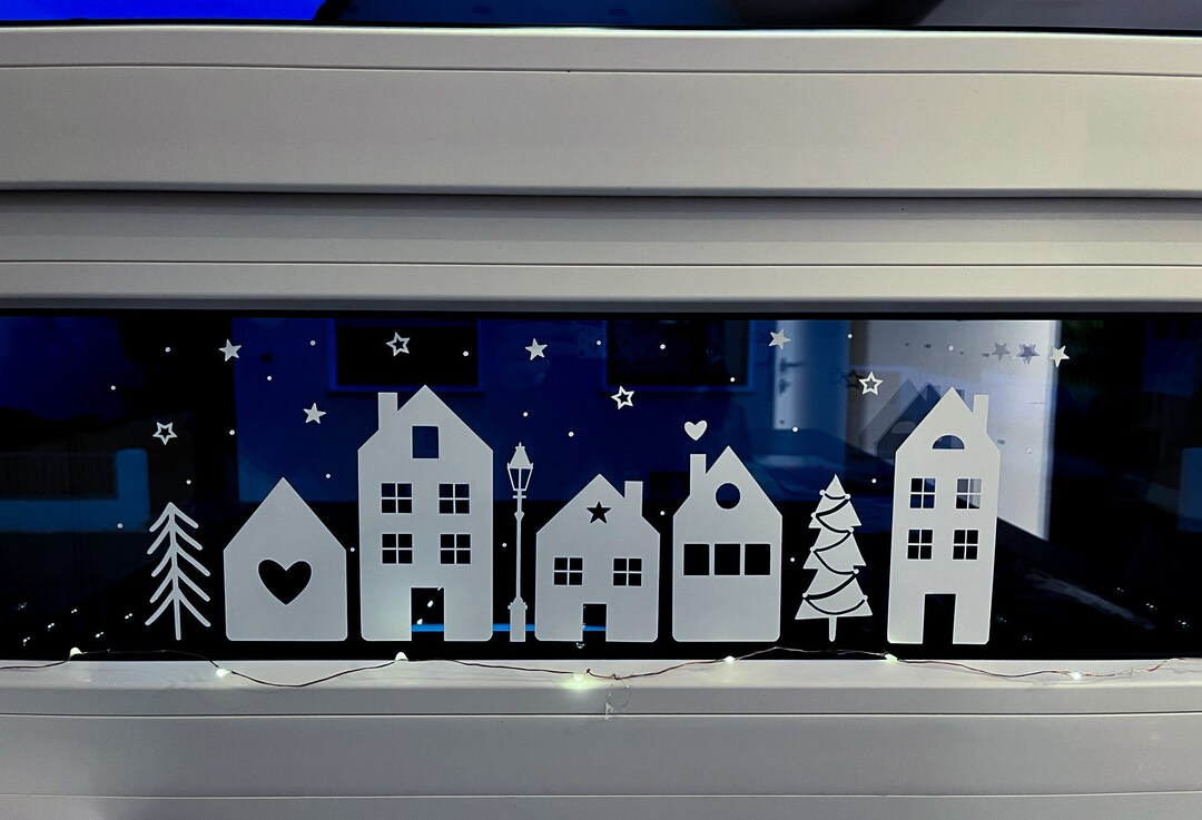 Weihnachts Fensterbilder Winterdorf - Weiße Häuser & Schneeflocken Aufkleber