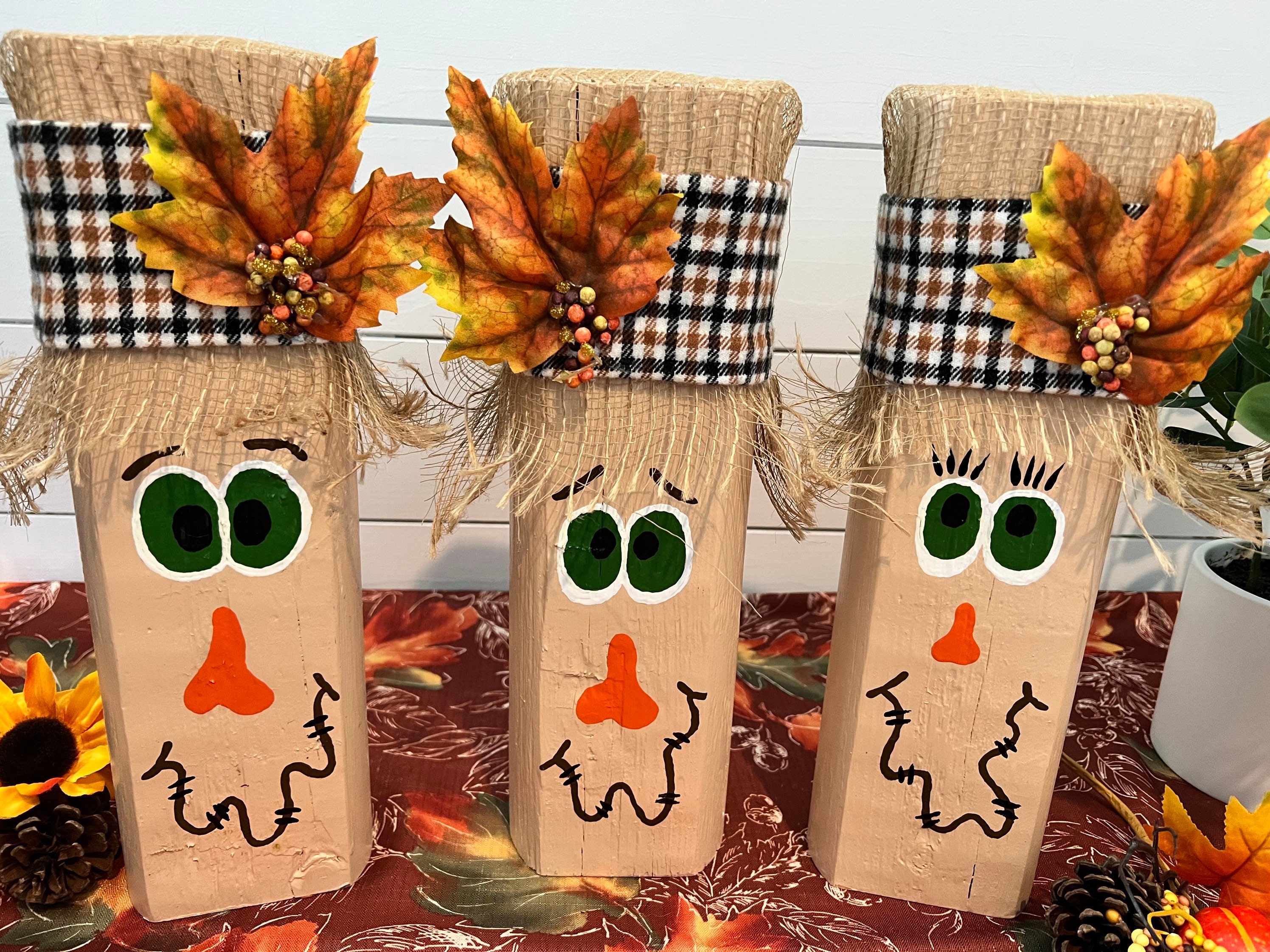 Scarecrow Character Blocks for FALL Autumn Halloween Holiday Home Decor, Solid wood repurposed fence posts. Individually priced.