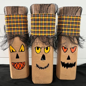 Jack-o-lantern angry pumpkin characters, upcycled solid wood fence post blocks, SET OF 3.