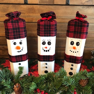Snowman set for Christmas, country plaid, solid wood repurposed Fence Posts