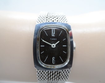 Art Deco Timex Mechanical 12 Hour Movement Stainless Mesh Adjustable Strap/Band Rectangular Black Dial, 7 1/2, Circa Early 1950&#39;s