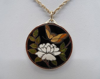 Vintage Hallmark Cloissonne Enamel Flower & Butterfly Round Pendant w/ Hallmark Gold tone Necklace