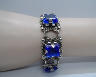 Vintage MEXICO Sterling Silver with Blue Topaz Gems Chain Bracelet, Emerald Cut, 34.9 Grams, Ornate Design, 7 1/2", Made around the 1960's