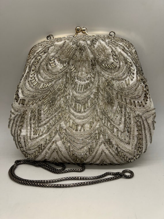 Beaded Purse La Regale Ltd Evening Handbag Cross body Black Gold Silver  Seashell