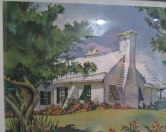 Offset Lithograph SIGNED BY ARTIST Mary Powell “Ivy Cottage“ Paget. Bermuda Print - 1981 Framed