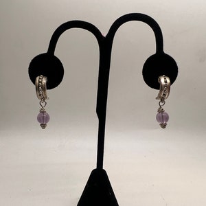 Vintage Fashion Earrings Silver Toned Half Hoops with Purple Accent Stone