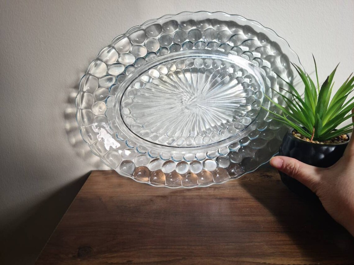 Anchor Hocking Blue Bubble Depression Glass Oval Platter Etsy